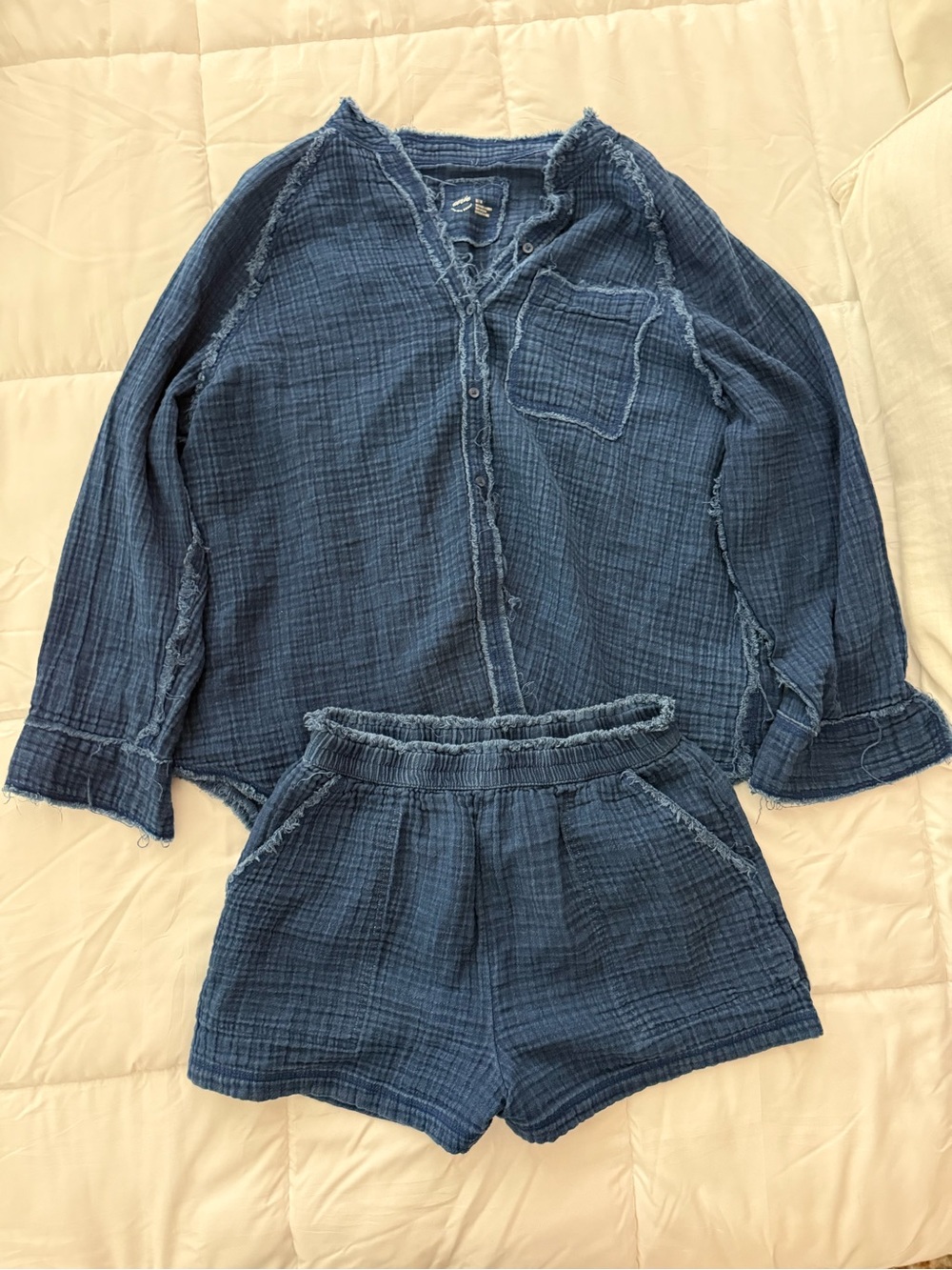 aerie Indigo navy Blue Gauze textured Button-Up Top & Shorts Set cover up